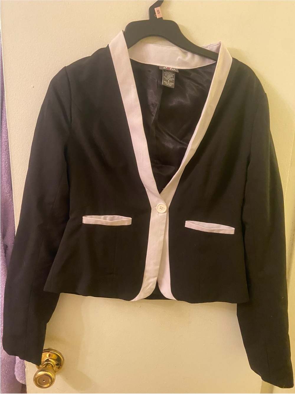 Cropped Black Blazer with White Trim - Women's Tailored Jacket